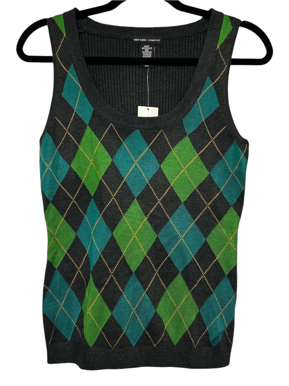 NWT New York & Company Green Blue Gray Argyle Y2K Tank Sweater Sz M